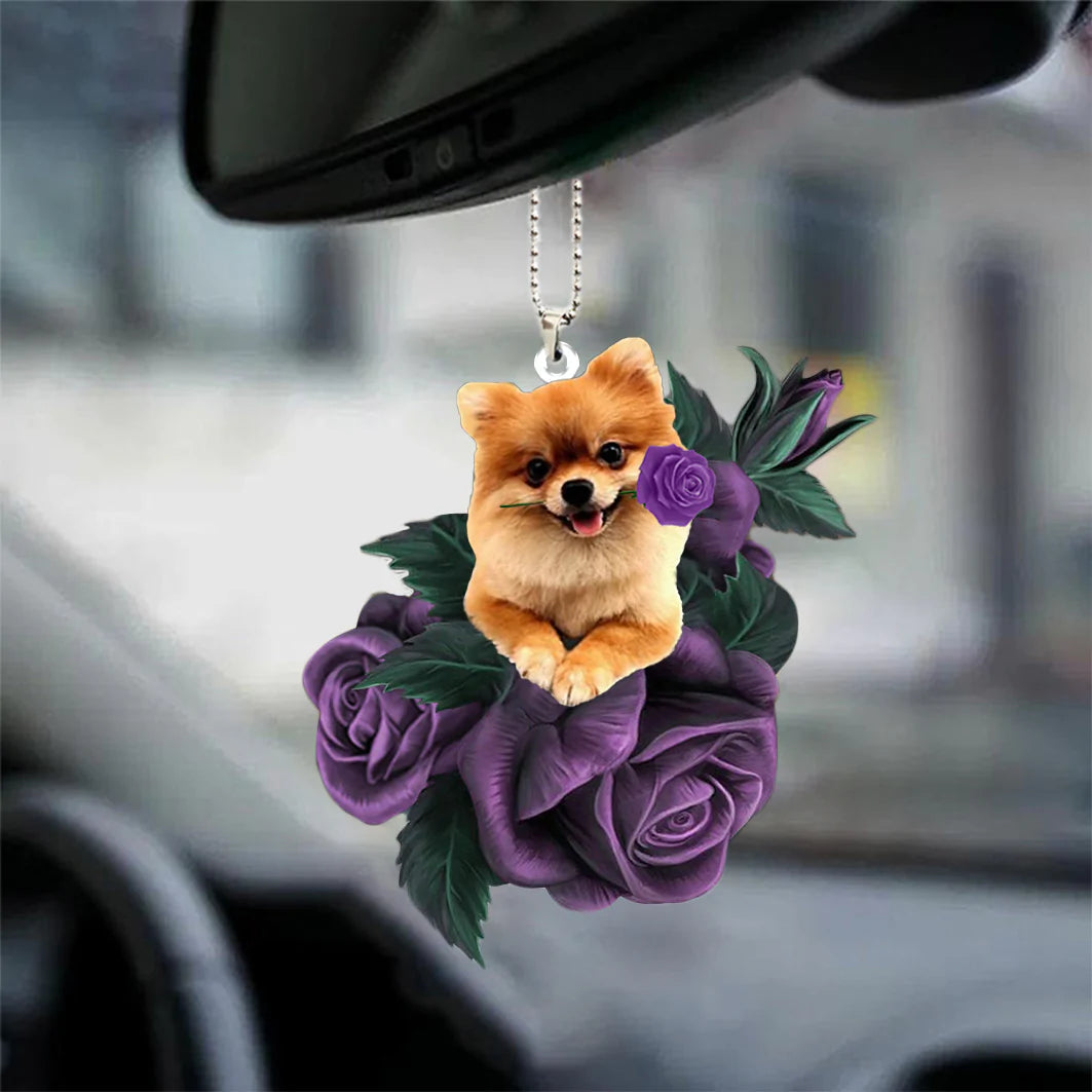 Pomeranian In Purple Rose Car Hanging Ornament, Christmas Decoration