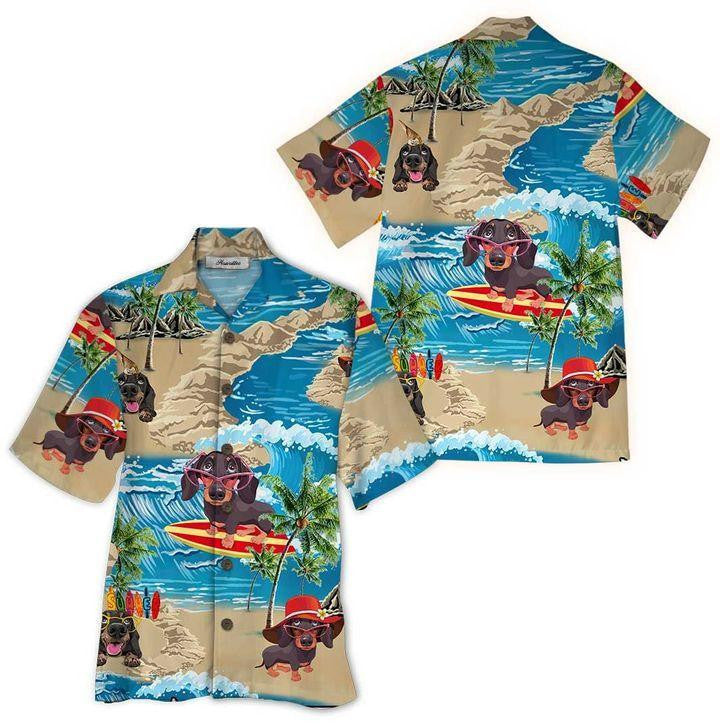 Dachshund Surf Tropical Background Design Hawaiian Shirt,Hawaiian Shirt Gift, Christmas Gift