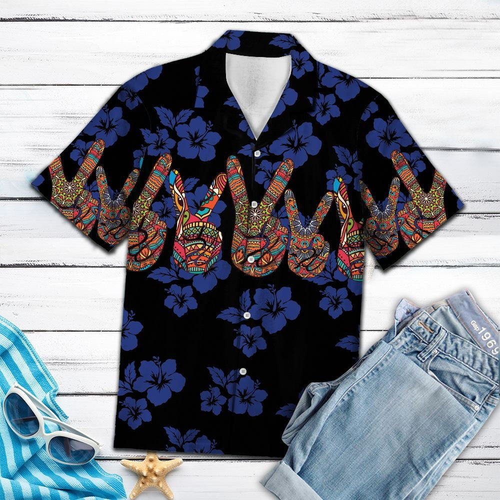 Peace Hand Sign Tropical Hibiscus On Black Pattern Hawaiian Shirt, Hawaiian Shirt Gift, Christmas Gift