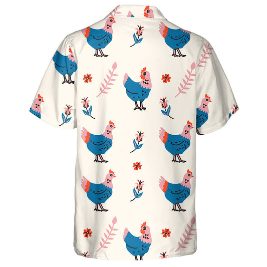Chickens And Floral Elements On Gentle Pink Background Hawaiian Shirt, Hawaiian Shirt Gift, Christmas Gift