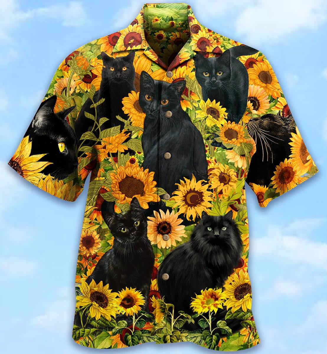 Black Cat Love Sunflower 3D All Over Printed Hawaiian Shirt, Hawaiian Shirt Gift, Christmas Gift