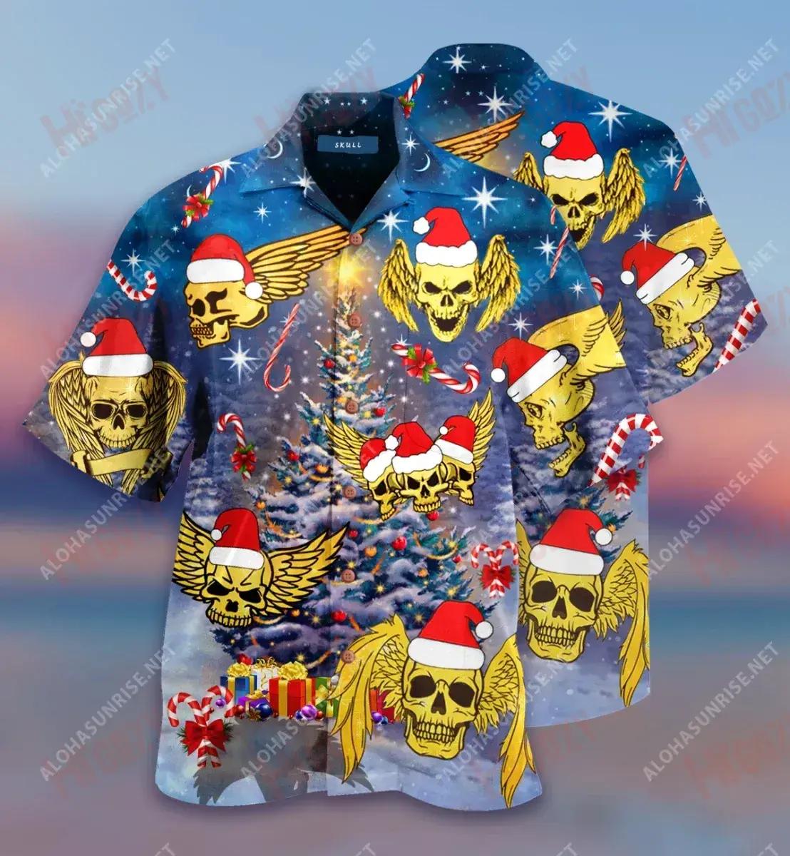 Flying Skull With Angel Wings At Christmas Short Hawaiian Shirt Hobbies Hawaiian T Shirts Tropical Shirts For Men Hawaiian Shirts For Women, Hawaiian Shirt Gift, Christmas Gift