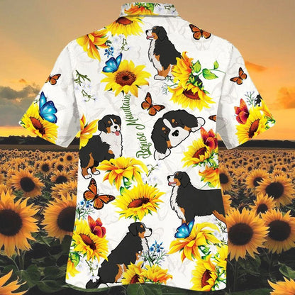 Bernese Mountain Dog Love Sun Flower White Theme Hawaiian Shirt, Hawaiian Shirt Gift, Christmas Gift