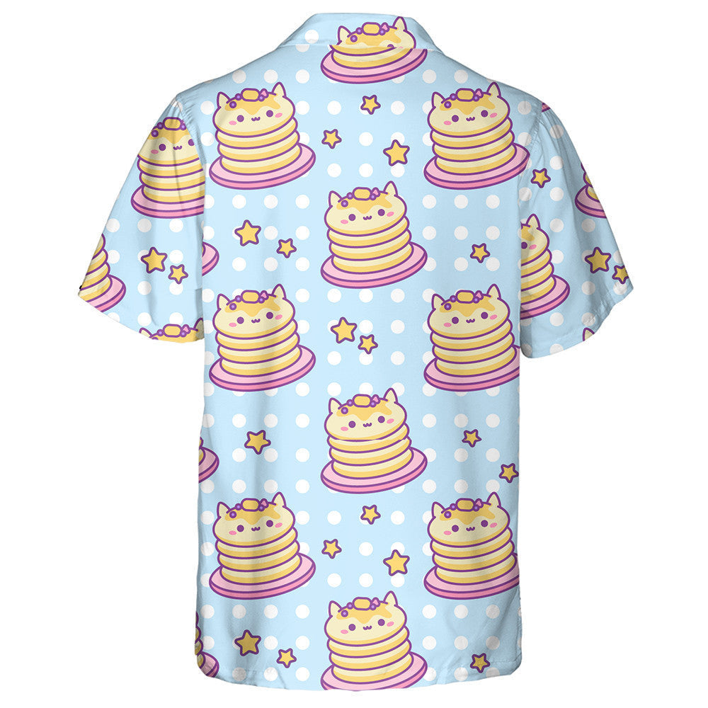 Smiling Pancakes Cat Sweet Blue Polka Dot Background Hawaiian Shirt, Hawaiian Shirt Gift, Christmas Gift