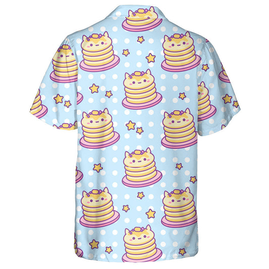 Smiling Pancakes Cat Sweet Blue Polka Dot Background Hawaiian Shirt, Hawaiian Shirt Gift, Christmas Gift