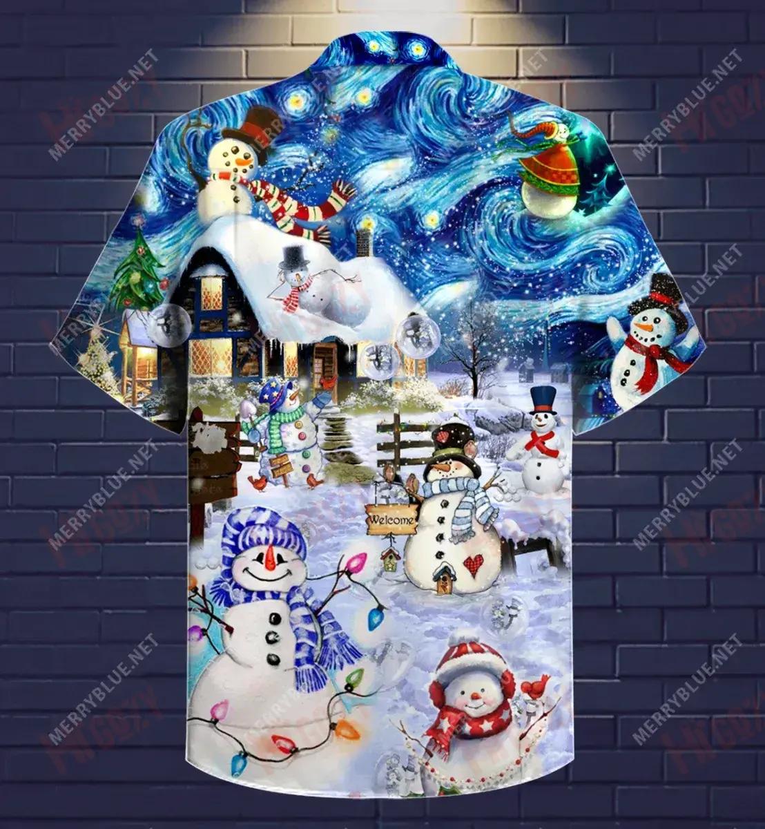 Snowman In Christmas Night Short Hawaiian Shirt Vacation Hawaiian T Shirts Best Hawaiian Shirts Hawaiian Shirts For Women, Hawaiian Shirt Gift, Christmas Gift