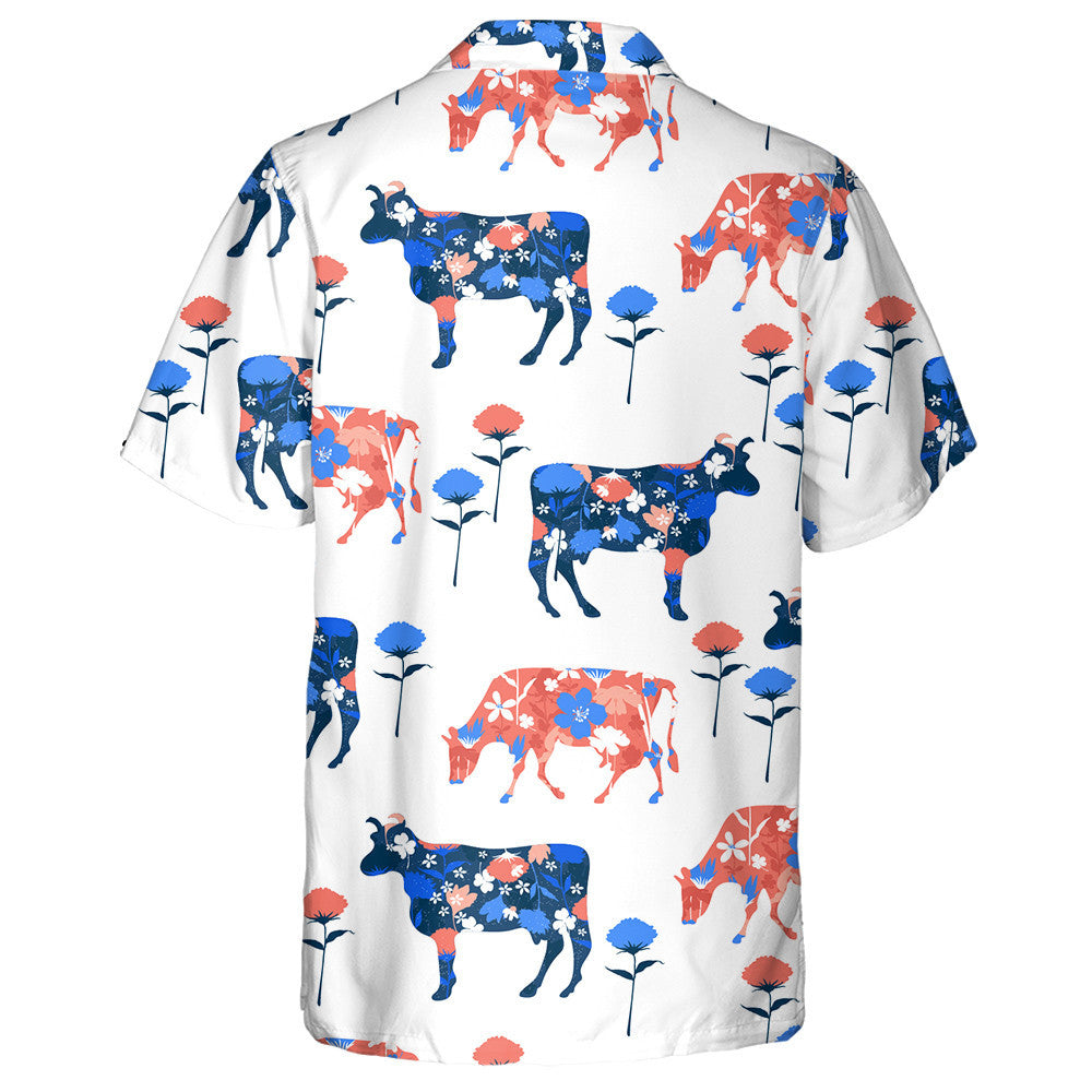 Red Flora And Cute Cows Character In Various Positions Hawaiian Shirt, Hawaiian Shirt Gift, Christmas Gift