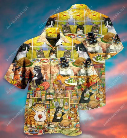 Happy Thanksgiving With Cats Short Hawaiian Shirt Ocean Short Sleeve Best Hawaiian Shirts Hawaiian Shirts For Men, Hawaiian Shirt Gift, Christmas Gift