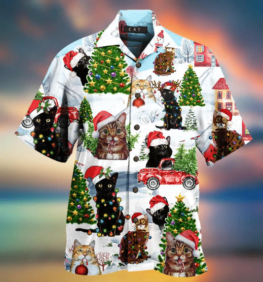 Cat Christmas Santa Kitten On Red Truck Hawaiian Shirt, Hawaiian Shirt Gift, Christmas Gift