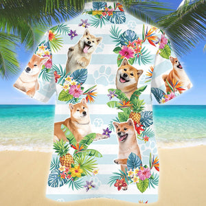 Smiling Shiba Inu Dog Tropical Flower Pattern Hawaiian Shirt, Hawaiian Shirt Gift, Christmas Gift