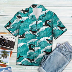 Amazing Black And White Whale Sea Waves Pattern Hawaiian Shirt, Hawaiian Shirt Gift, Christmas Gift