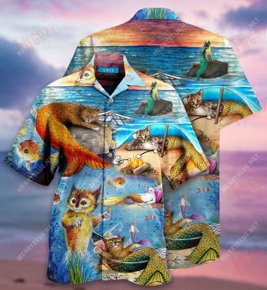 Mermaid Off Duty Cat Short Hawaiian Shirt Summer Hawaiian T Shirts Hawaiian Crazy Shirts Hawaiian Shirt Pattern, Hawaiian Shirt Gift, Christmas Gift