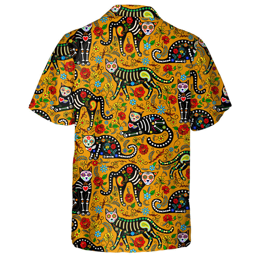 Black Cat Skull Sugar Calavera In Mexico Style Hawaiian Shirt, Hawaiian Shirt Gift, Christmas Gift