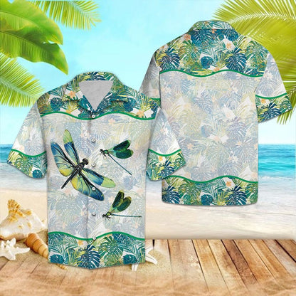 Watercolor Dragonfly With Monstera Leaves Hawaiian Shirt, Hwaiian For Gift