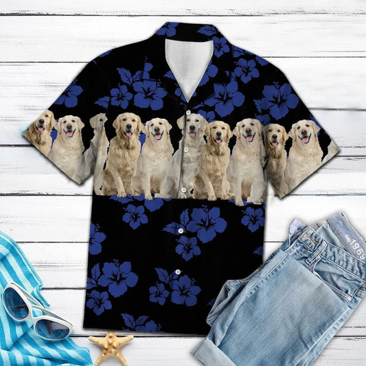 Awesome Golden Retriever Tropical Hibiscus On Black Pattern Hawaiian Shirt, Hawaiian Shirt Gift, Christmas Gift
