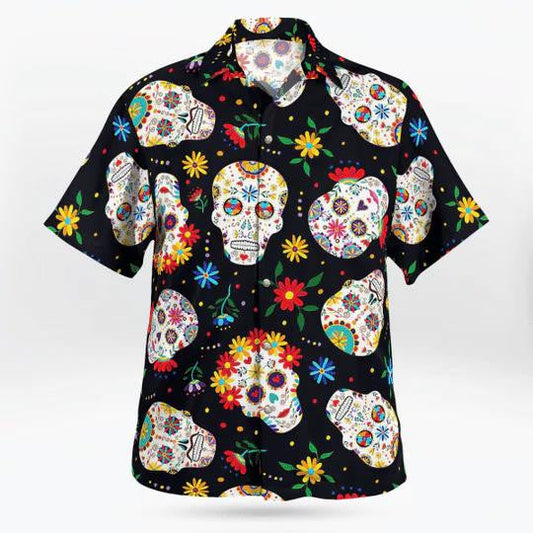 Sugar Skull With Colorful Flowers All Over Design Hawaiian Shirt, Hawaiian Shirt Gift, Christmas Gift