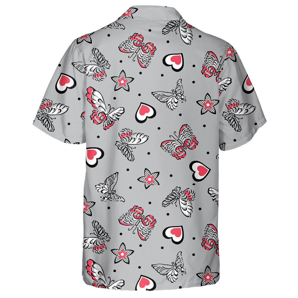 Hand Drawn Butterflies And Hearts With Dotted Stars Hawaiian Shirt, Hawaiian Shirt Gift, Christmas Gift