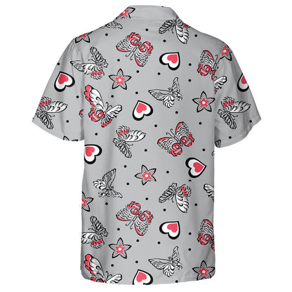 Hand Drawn Butterflies And Hearts With Dotted Stars Hawaiian Shirt, Hawaiian Shirt Gift, Christmas Gift