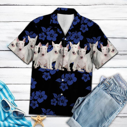 Awesome Bull Terrier Tropical Hibiscus On Black Pattern Hawaiian Shirt, Hawaiian Shirt Gift, Christmas Gift