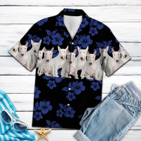 Awesome Bull Terrier Tropical Hibiscus On Black Pattern Hawaiian Shirt, Hawaiian Shirt Gift, Christmas Gift