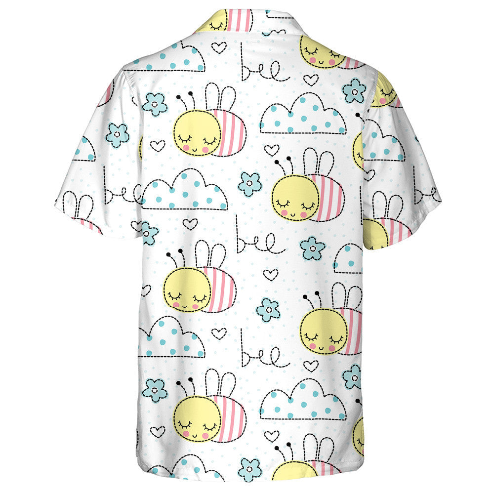 Hand Drawn Bees Clouds And Flowers Hawaiian Shirt, Hawaiian For Gift