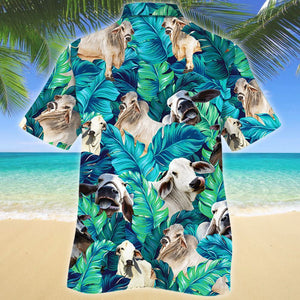 Brahman Cattle Lovers Blue And Green Leave Hawaiian Shirt, Hawaiian Shirt Gift, Christmas Gift