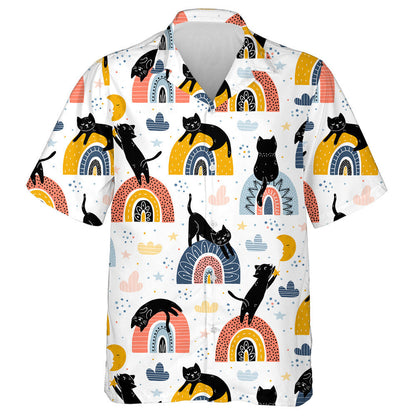 Black Cats And Rainbows Fantasy On White Background Hawaiian Shirt, Hawaiian Shirt Gift, Christmas Gift