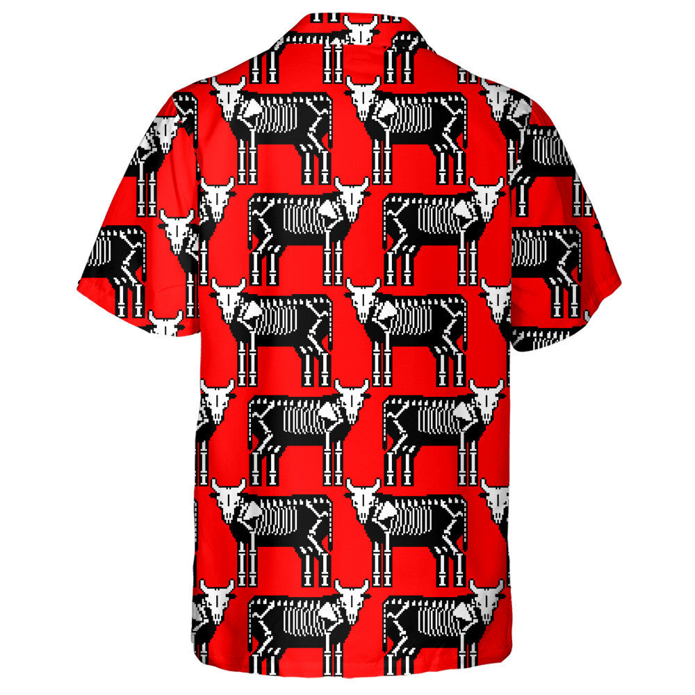 Cow Skeleton Pixel Art On Red Hawaiian Shirt,Hawaiian Shirt Gift, Christmas Gift