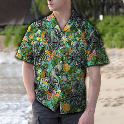 Tropical Pineapple Octopus Hiding Place Themed Pattern Hawaiian Shirt, Hawaiian Shirt Gift, Christmas Gift