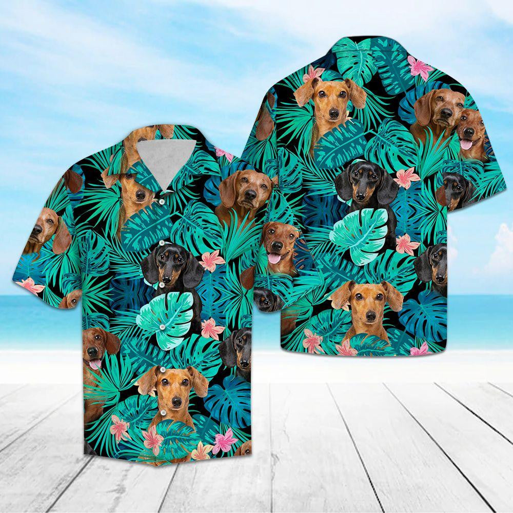Head Of Dachshund Tropical Jungle Design Hawaiian Shirt, Hawaiian For Gift