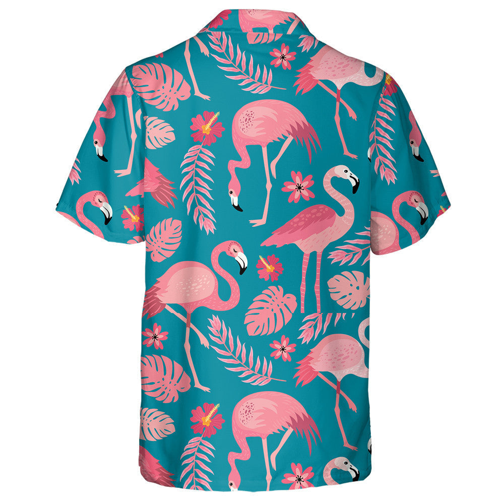 Rosa Flamingos in verschiedenen Posen mit tropischen Blättern Hawaiihemd, Hawaiihemd Geschenk, Weihnachtsgeschenk