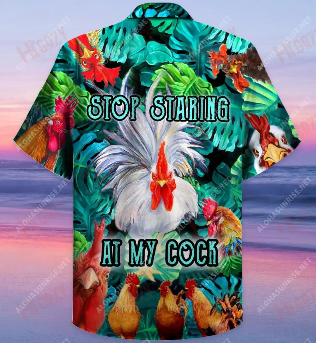 Stop Staring At My Cock Funny Rooster Quote Unisex Hawaiian Shirt Summer Short Sleeve Tactical Hawaiian Shirt Funny Hawaiian Shirts, Hawaiian Shirt Gift, Christmas Gift
