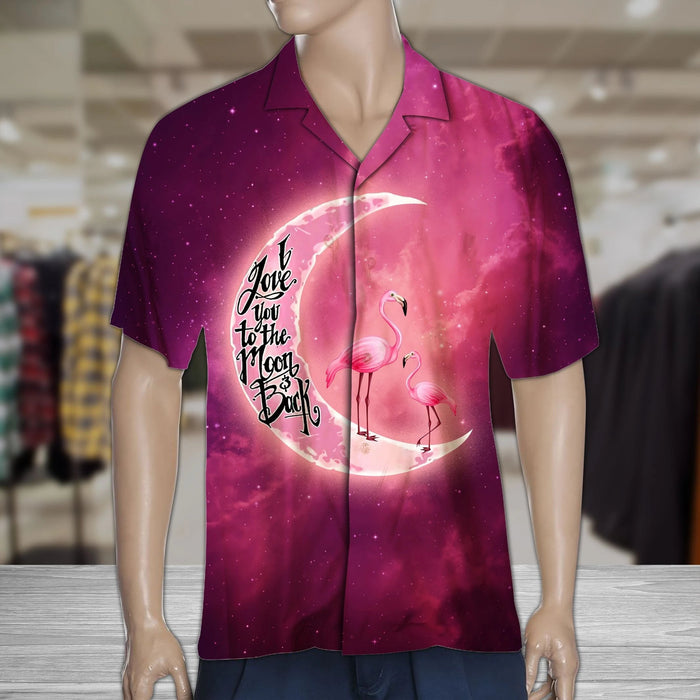 Flamingo Standing On Crescent Moon Pink Stardust Sky Hawaiian Shirt, Hawaiian Shirt Gift, Christmas Gift