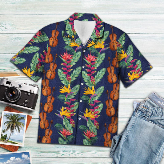 Hawaiian Shirt Brown Violin Among Paradise Flowers And Leaves, Hawaiian Shirt Gift, Christmas Gift
