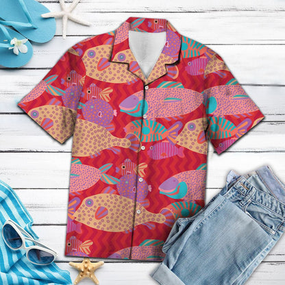 Love Fish Drawing On Red Wave Pattern Aloha Hawaiian Shirt, Hawaiian Shirt Gift, Christmas Gift