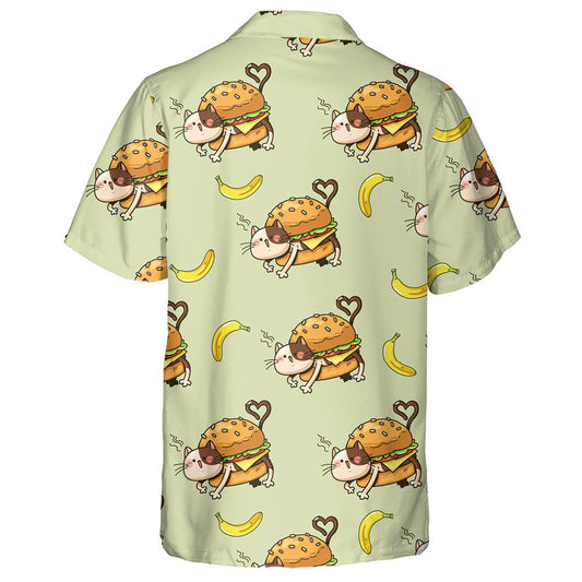 Cat Hamburger And Banana Cartoon On Green Background Hawaiian Shirt, Hawaiian Shirt Gift, Christmas Gift