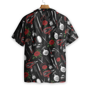 Hairdresser Tools On Black Background Design Hawaiian Shirt,Hawaiian Shirt Gift, Christmas Gift