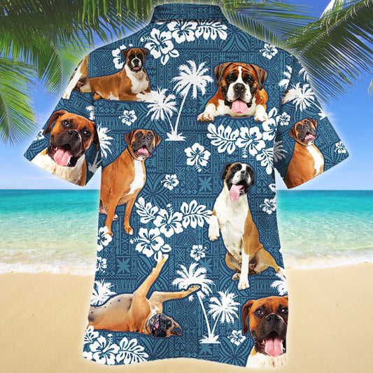 Home Alone Boxer Dog Blue Tribal Pattern Hawaiian Shirt, Hawaiian Shirt Gift, Christmas Gift