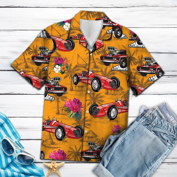 Cool Red Drag Racing Tropical Flowers Pattern Hawaiian Shirt, Hawaiian Shirt Gift, Christmas Gift