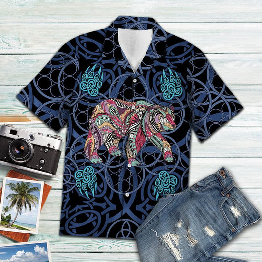 Drawing Colorful Bear Blue Mandala Style Pattern Hawaiian Shirt, Hawaiian Shirt Gift, Christmas Gift