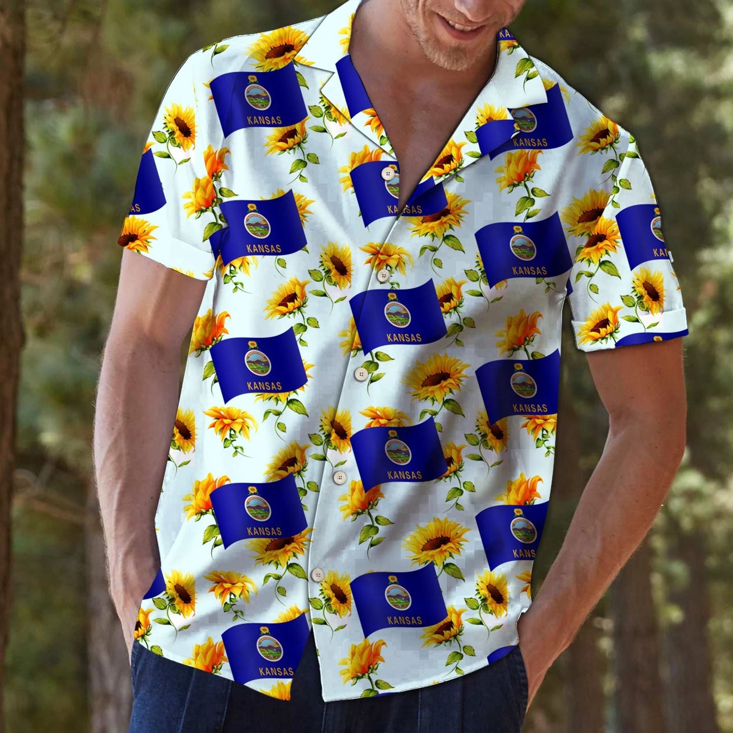 Awesome Flag Of Kansas On Sunflower Design Themed Hawaiian Shirt, Hawaiian Shirt Gift, Christmas Gift