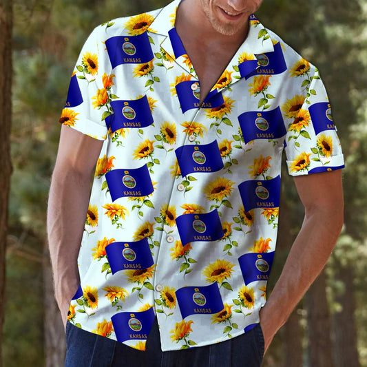 Awesome Flag Of Kansas On Sunflower Design Themed Hawaiian Shirt, Hawaiian Shirt Gift, Christmas Gift