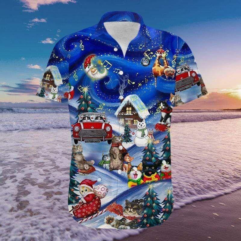 Jolly Cats Christmas Activities Themed Vintage Style Design Hawaiian Shirt, Hawaiian Shirt Gift, Christmas Gift