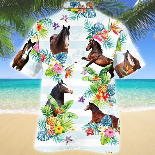 Clydesdale Horse Tropical Flower Blue And White Stripe Hawaiian Shirt, Hawaiian Shirt Gift, Christmas Gift