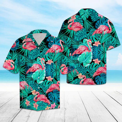 Gorgeous Flamingo With Tropical Leaves Jungle Pattern Hawaiian Shirt, Hawaiian Shirt Gift, Christmas Gift