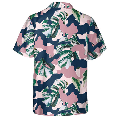 Watercolor Tropical Green Marble Leaves Pink Camo Background Hawaiian Shirt, Hawaiian Shirt Gift, Christmas Gift
