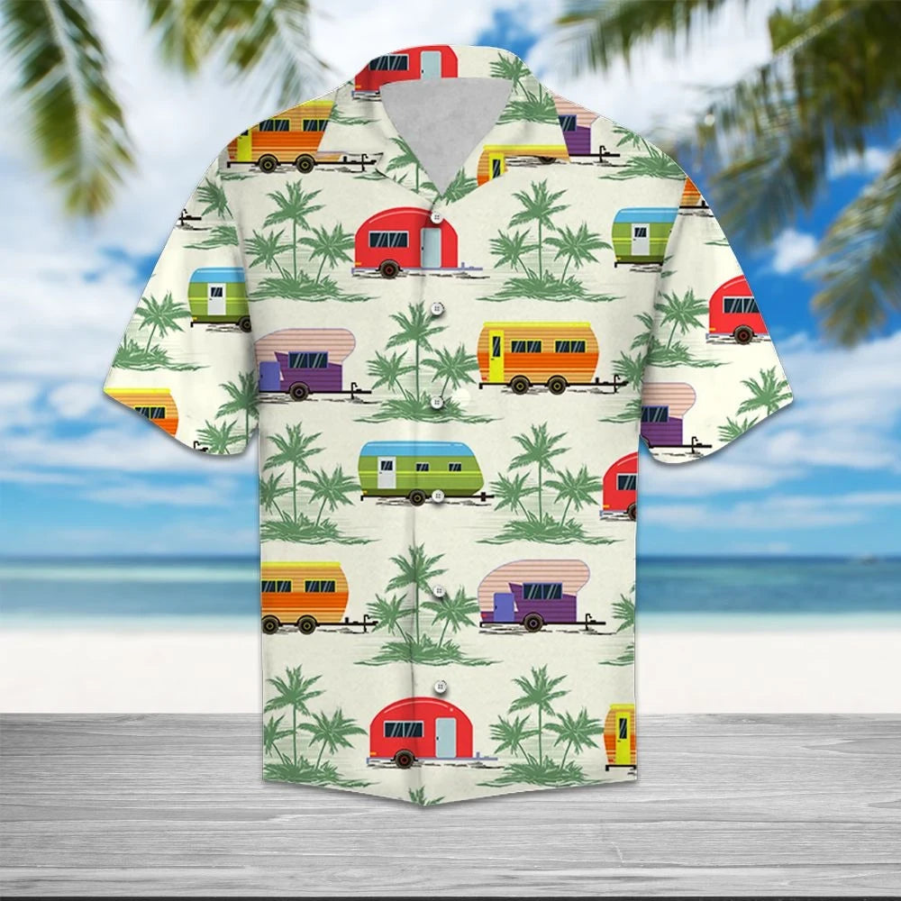 Caravan Green Palm Trees In White Design Hawaiian Shirt, Hawaiian Shirt Gift, Christmas Gift