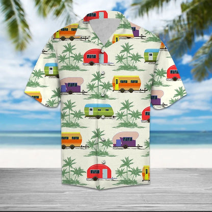 Caravan Green Palm Trees In White Design Hawaiian Shirt, Hawaiian Shirt Gift, Christmas Gift
