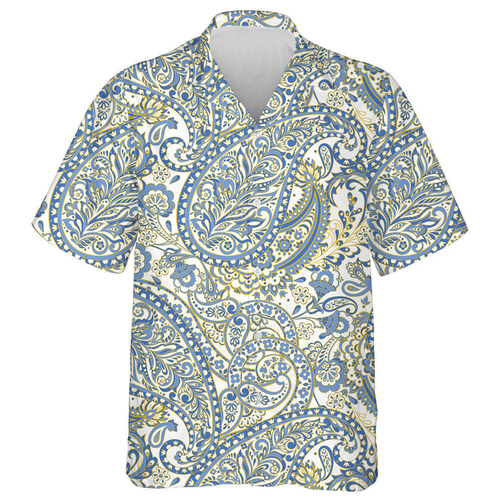 Paisley Damask Flower Branches In Blue And Beige Pattern Hawaiian Shirt, Hawaiian Shirt Gift, Christmas Gift
