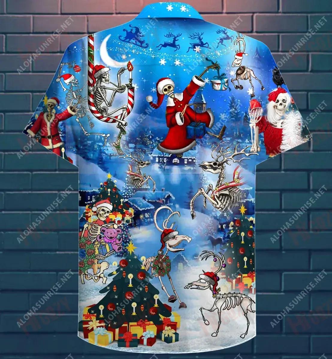 Happy Christmas With Skeleton Short Hawaiian Shirt Vacation Hawaiian T Shirts Best Hawaiian Shirts Hawaiian Shirts For Women, Hawaiian Shirt Gift, Christmas Gift